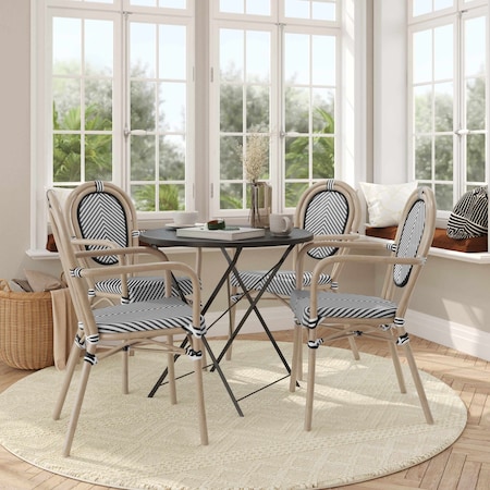 Flash Furniture Marseille Thonet French Bistro Stack Chair w/Arms, Black/White Textilene/Bamboo Alum Frame, 4PK 4-SDA-AD642002A-TXT-BLKWH-LTNAT-GG